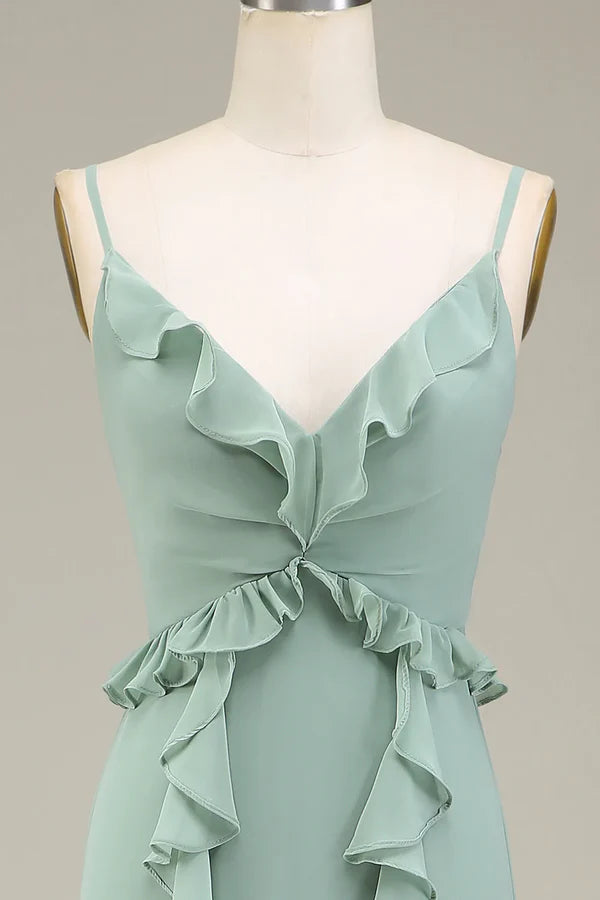 Luolandi Eucalyptus A-line V-neck ruffled chiffon bridesmaid dress Floor Length