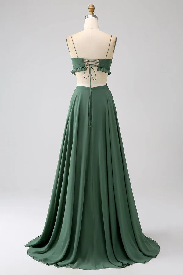 Luolandi Thin shoulder strap with ruffle edge green hollow out long bridesmaid dress Solid Color