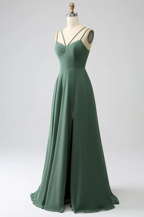Luolandi Eucalyptus A-line thin shoulder strap backless pleated long bridesmaid dress With Slit