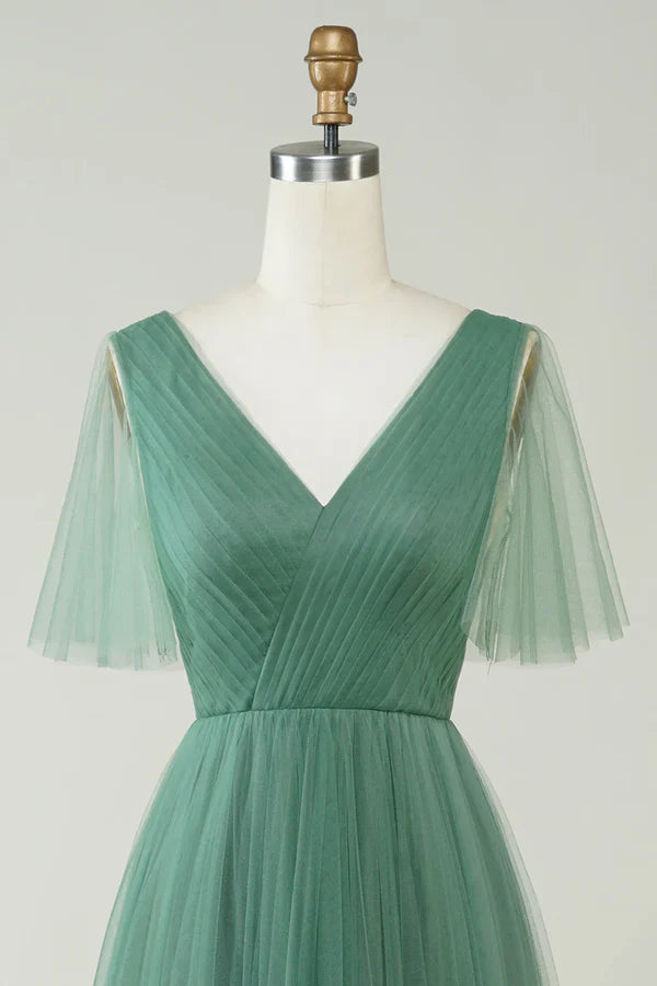 Luolandi Eucalyptus V-neck backless A-line sheer bridesmaid dress Floor Length