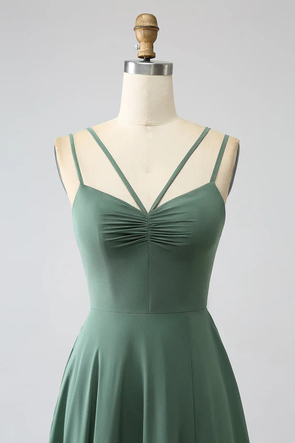 Luolandi Eucalyptus A-line thin shoulder strap backless pleated long bridesmaid dress With Slit