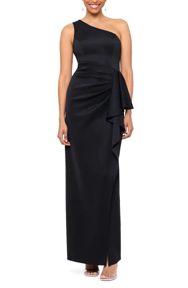 Luolandi Noble and elegant one shoulder off the shoulder ruffled edge open back front slit evening dress Black