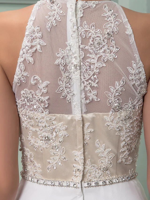 Luolandi Wedding Dresses Jewel Neck Floor Length Chiffon Lace Regular Straps See-Through with Sash Ribbon