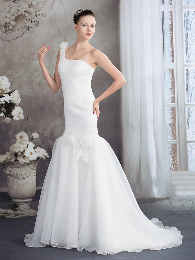 Luolandi Wedding Dresses One Shoulder Court Train Organza Spaghetti Strap with Ruched