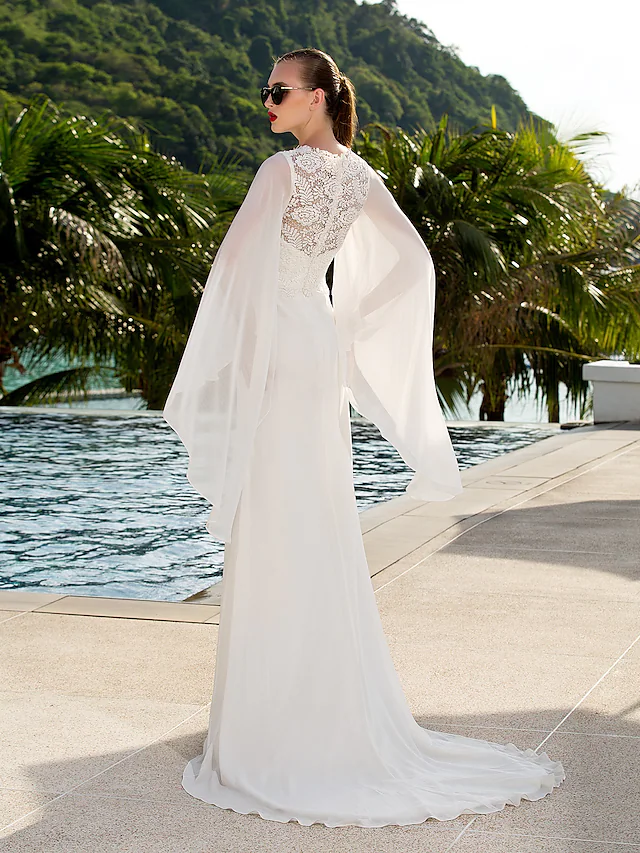 Luolandi Wedding Dresses V Neck Court Train Chiffon Long Sleeve with Beading Pure Color