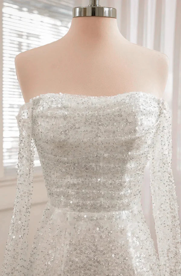 Luolandi Sequined Backless Long Sleeves Wedding Dress Off Shoulder Short Party Dress Sparkly