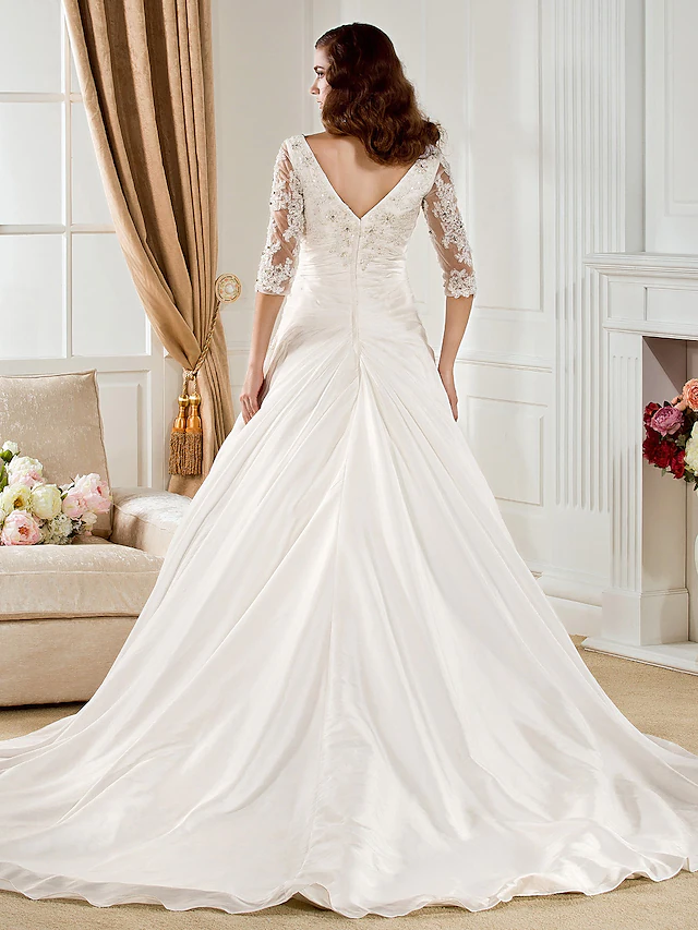 Luolandi Ball Gown Wedding Dresses V Neck Chapel Train Taffeta Half Sleeve See-Through with Ruched Beading