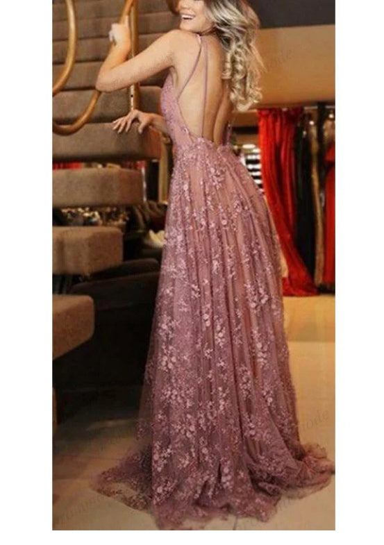 Luolandi Glamorous Lace Prom Dresses A-line Backless Appliqued Gowns Sexy Evening Dress