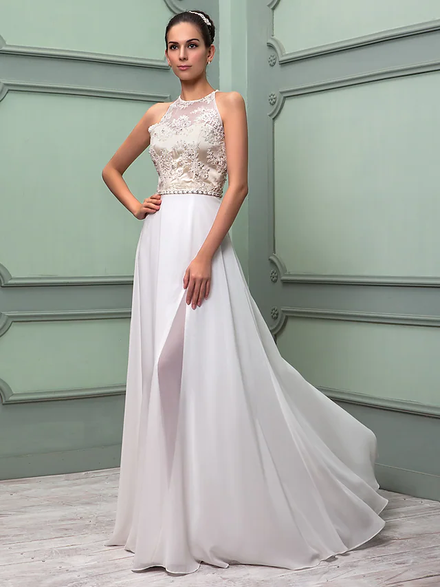 Luolandi Wedding Dresses Jewel Neck Floor Length Chiffon Lace Regular Straps See-Through with Sash Ribbon