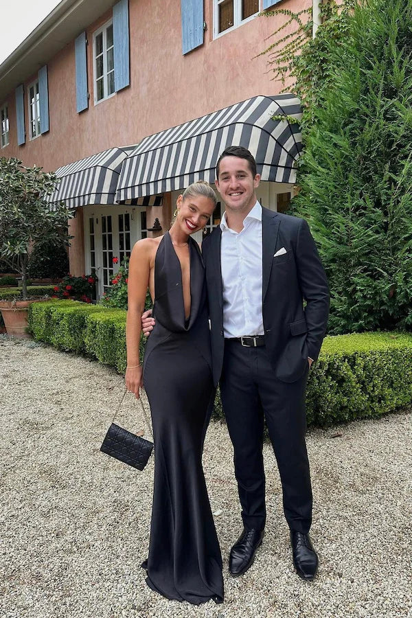 Luolandi Black Halter Backless Long Prom Dress Wedding Guest Dress Sexy Evening Dress