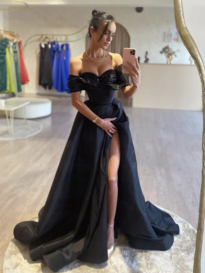 Luolandi Black A-Line Off Shoulder Satin Long Prom Dress Evening Dress With Slit Charming
