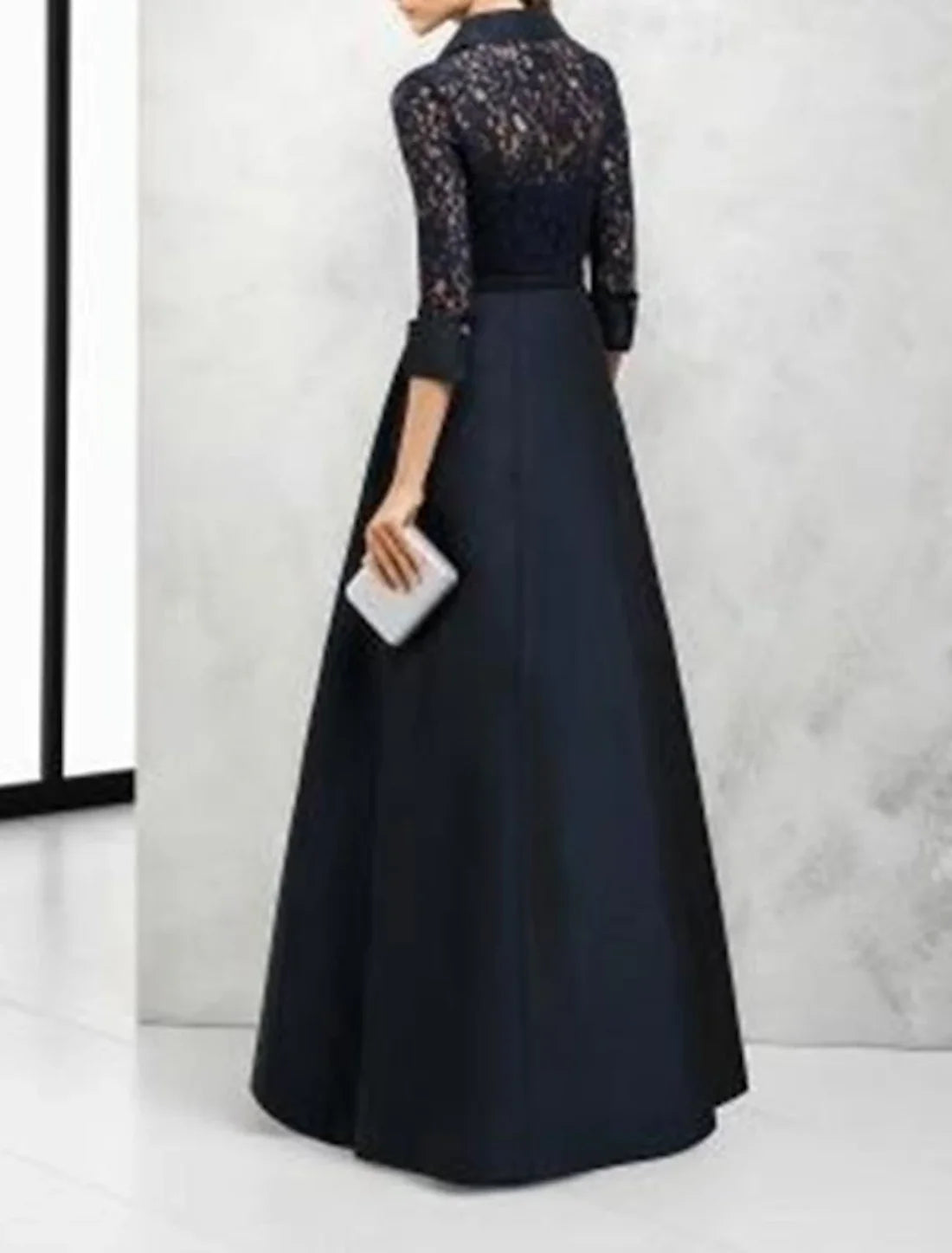 Luolandi A-Line Mother of the Bride Dress Wedding Guest Vintage Elegant Floor Length Satin Lace 3/4 Length Sleeve with Sash / Ribbon Split