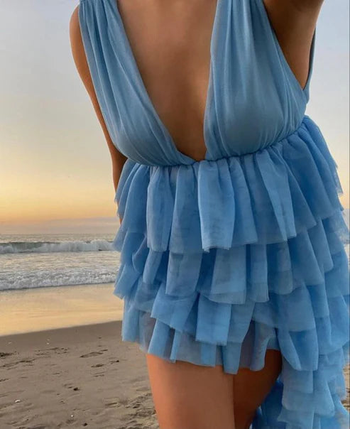 Luolandi Blue V Neck High Low Tulle Party Dress Homecoming Dress Charming Formal Dress