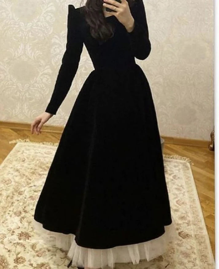 Luolandi Black A-Line Long Sleeves Velvet Formal Long Prom Dress Charming Evening Dress Elegant Formal Dress