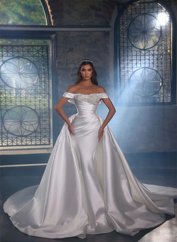 Luolandi Off-The-Shoulder Chapel Train Satin Wedding Dresses With Panel Train Floor Length Elegant