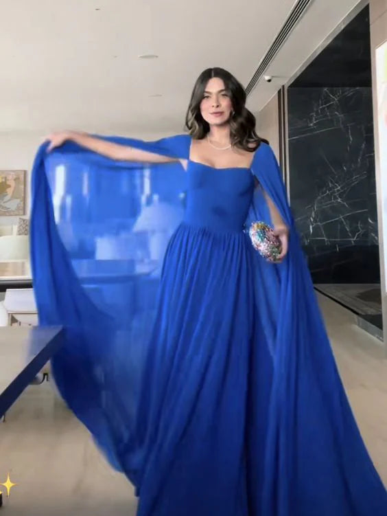Luolandi Royal Blue Cape Sleeves A-Line Long Formal Prom Dress Evening Gown Elegant