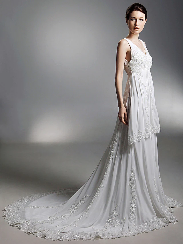 Luolandi Princess A-Line Wedding Dresses V Neck Chapel Train Chiffon Sleeveless Pure Color