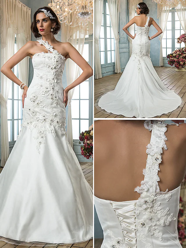 Luolandi Wedding Dresses One Shoulder Court Train Tulle Sleeveless with Beading Appliques