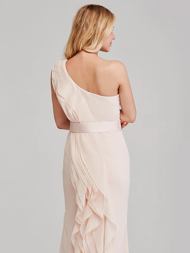 Luolandi Elegant One Shoulder Long Prom Dress Chiffon Bridesmaid Dress with Cascading Ruffles