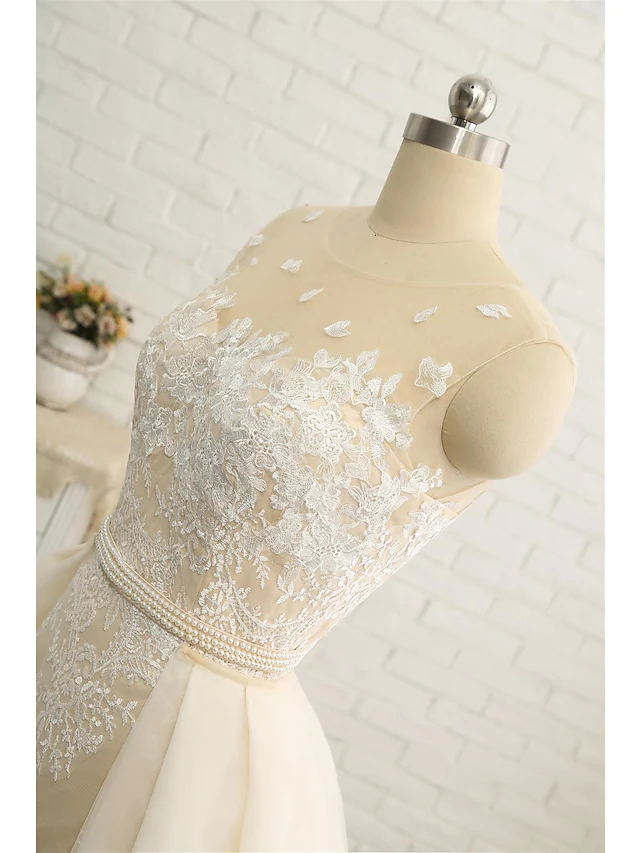 Luolandi Wedding Dresses Jewel Neck Chapel Train Lace Tulle Lace Over Satin Regular Straps Formal See-Through with Sashes Ribbons Pearls