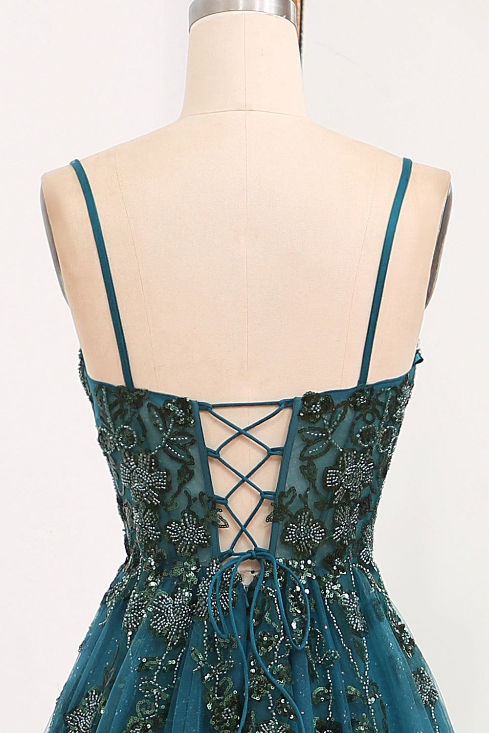 Luolandi Dark Green A Line Spaghetti Straps Tulle Long Appliqued Prom Dress With Slit Sexy