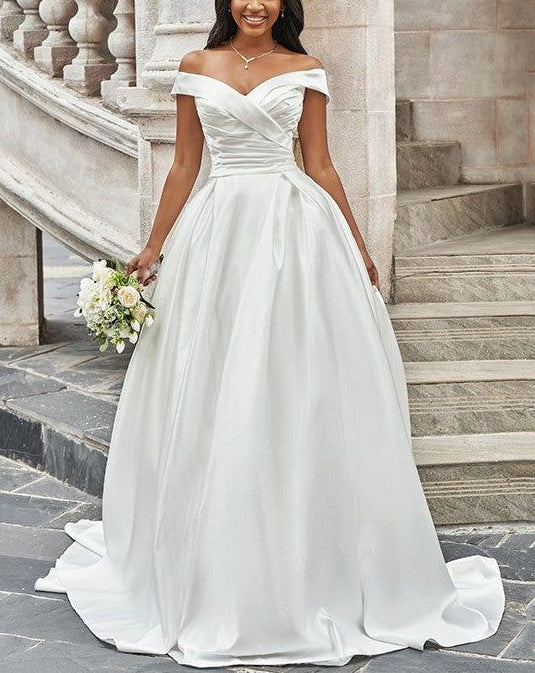 Luolandi Off-The-Shoulder A-Line Wedding Dresses Floor Length Solid Color Elegant Simple