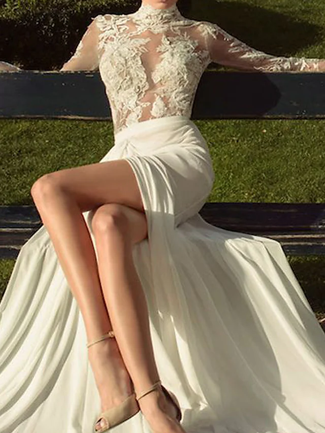 Luolandi A-Line Wedding Dresses High Neck Court Train Lace Polyester Long Sleeve Country Illusion Sleeve with Lace Insert Appliques
