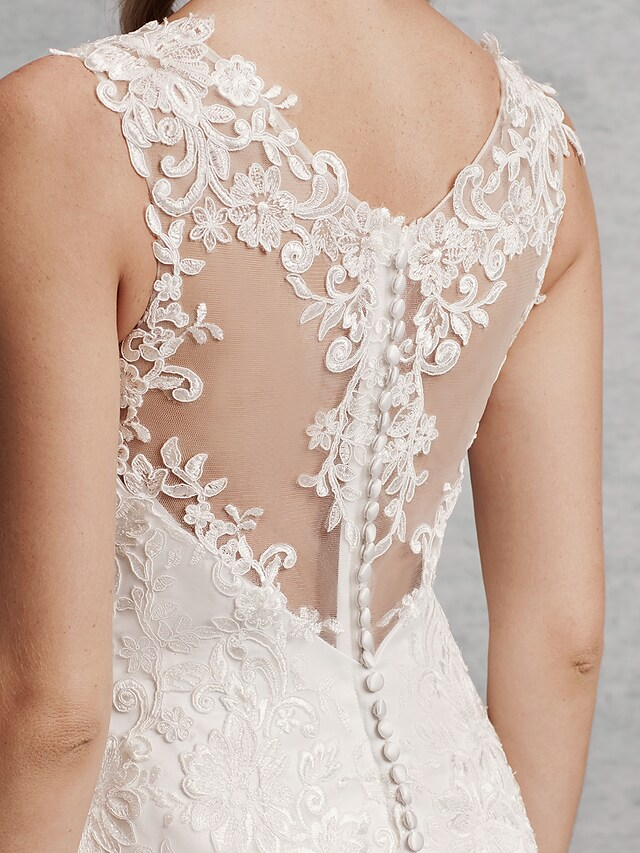 Luolandi Wedding Dresses Scoop Neck Court Train Lace Satin Tulle Regular Straps Beautiful Back with Lace