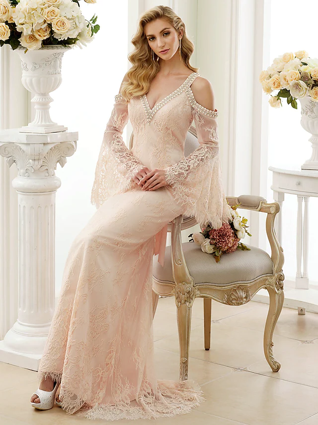 Luolandi Wedding Dresses Plunging Neck Sheer Lace Long Sleeve Wedding Dress in Color Open Back Floral Lace with Bow(s)