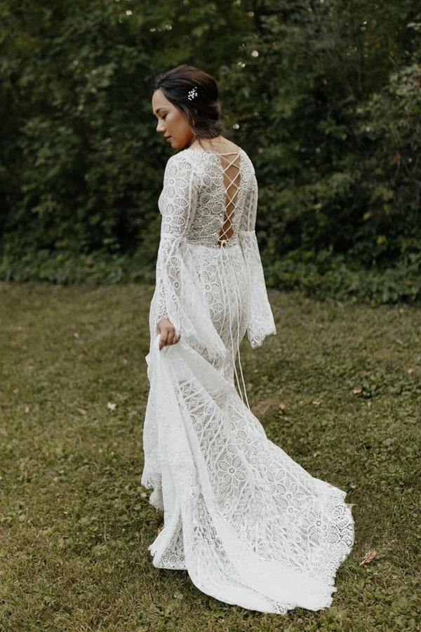 Luolandi Long Sleeve Lace Fashion Wedding Dress Sexy Custom Made Bride Dress Beautiful
