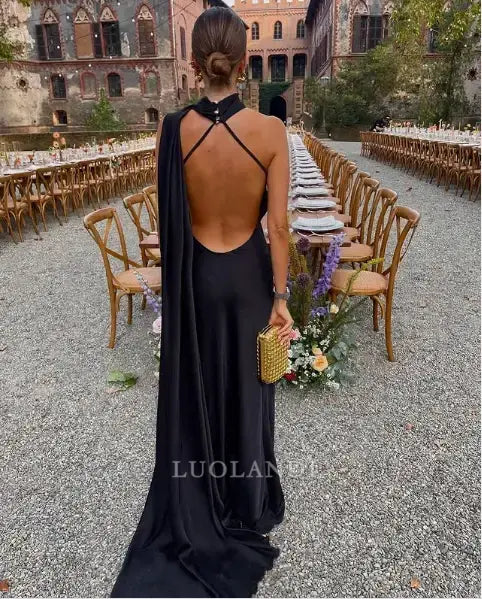 Luolandi Fashion Black Satin Sleeveless Long Prom Dress Elegant Evening Party Dress Charming Wedding Guest Dress