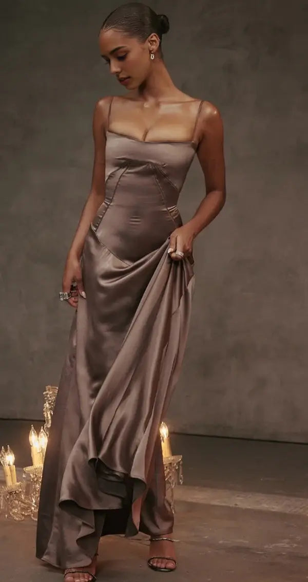 Luolandi Fashion A-Line Spaghetti Straps Sleeveless Satin Party Evening Gowns Elegant Long Formal Prom Dresses Simple Maxi Dress