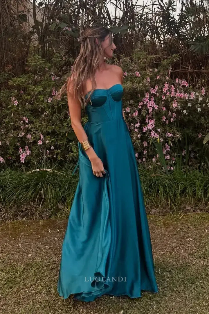 Luolandi Fashion A-Line Sweetheart Sleeveless Satin Long Formal Prom Dress Charming Evening Gown Elegant Wedding Guest Party Dress