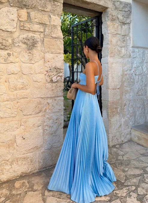 Luolandi Blue Fashion A-line Sleeveless Long Prom Dress Elegant Evening Party Dress Charming Vacation Beach Dress