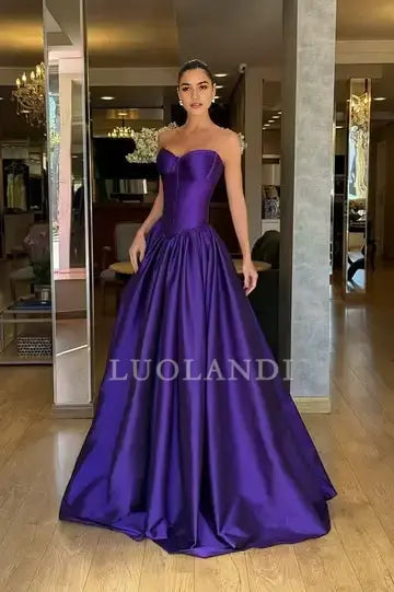 Luolandi Fashion A Line Satin Strapless Sleeveless Long Formal Prom Dress Elegant Wedding Guest Dress Simple Party Evening Gown