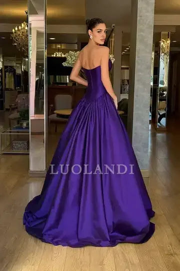 Luolandi Fashion A Line Satin Strapless Sleeveless Long Formal Prom Dress Elegant Wedding Guest Dress Simple Party Evening Gown