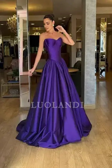 Luolandi Fashion A Line Satin Strapless Sleeveless Long Formal Prom Dress Elegant Wedding Guest Dress Simple Party Evening Gown