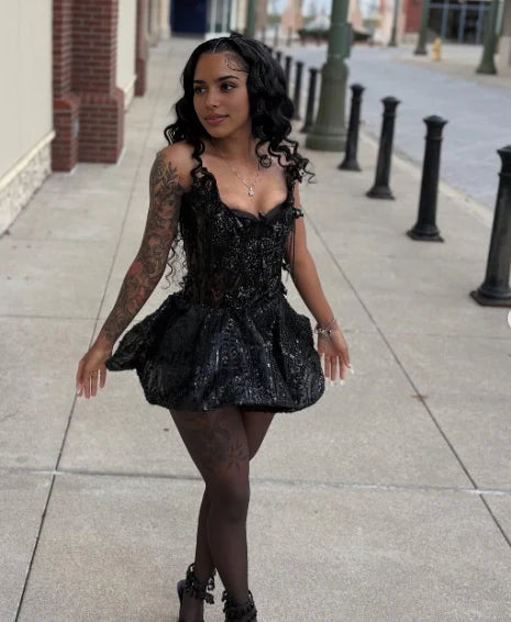 Luolandi Fashion Black A Line Sleeveless Short Homecoming Dress Sexy Prom Dress Gorgeous Birthday Party Dress