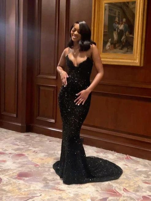 Luolandi Fashion Black Mermaid Strapless Sleeveless Long Formal Prom Dress Sparkly Evening Gown Sexy Birthday Party Dress