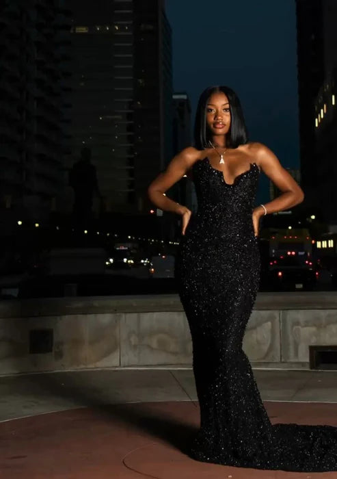 Luolandi Fashion Black Mermaid Strapless Sleeveless Long Formal Prom Dress Sparkly Evening Gown Sexy Birthday Party Dress
