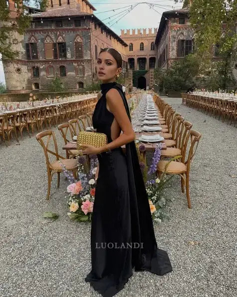 Luolandi Fashion Black Satin Sleeveless Long Prom Dress Elegant Evening Party Dress Charming Wedding Guest Dress