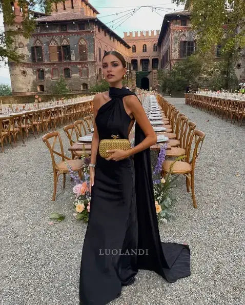 Luolandi Fashion Black Satin Sleeveless Long Prom Dress Elegant Evening Party Dress Charming Wedding Guest Dress