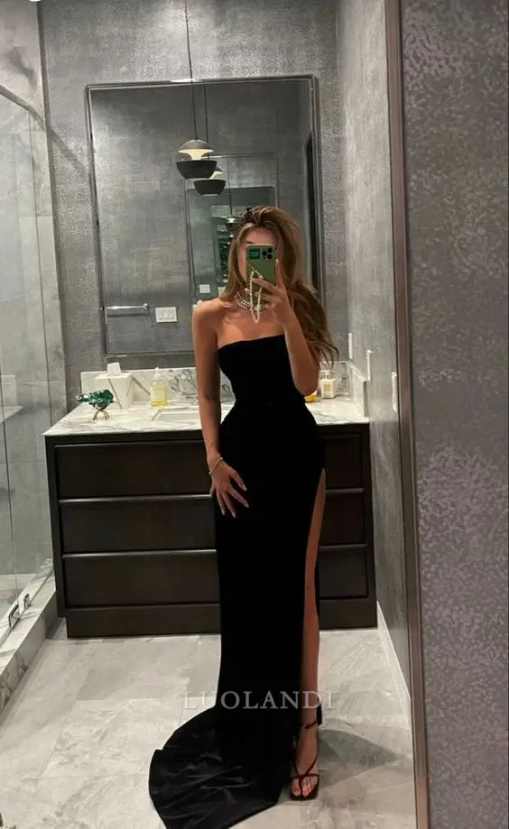 Luolandi Fashion Black Strapless Sleeveless Party Evening Gown With Slit Sexy Long Formal Prom Dress Simple Graduation Dress