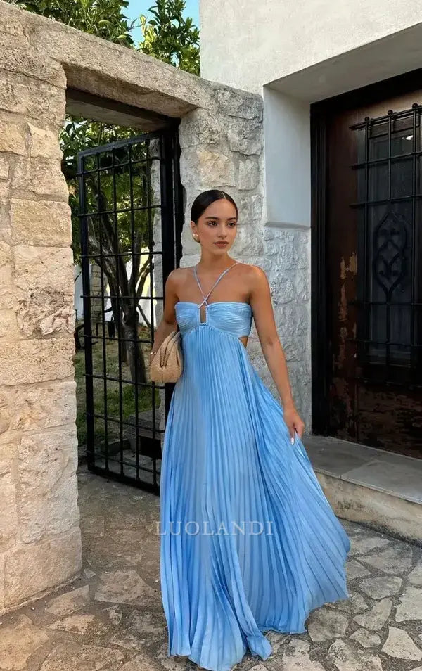 Luolandi Fashion Blue A Line Sleeveless Long Formal Prom Dress Elegant Party Evening Gown Charming Graduation Dress