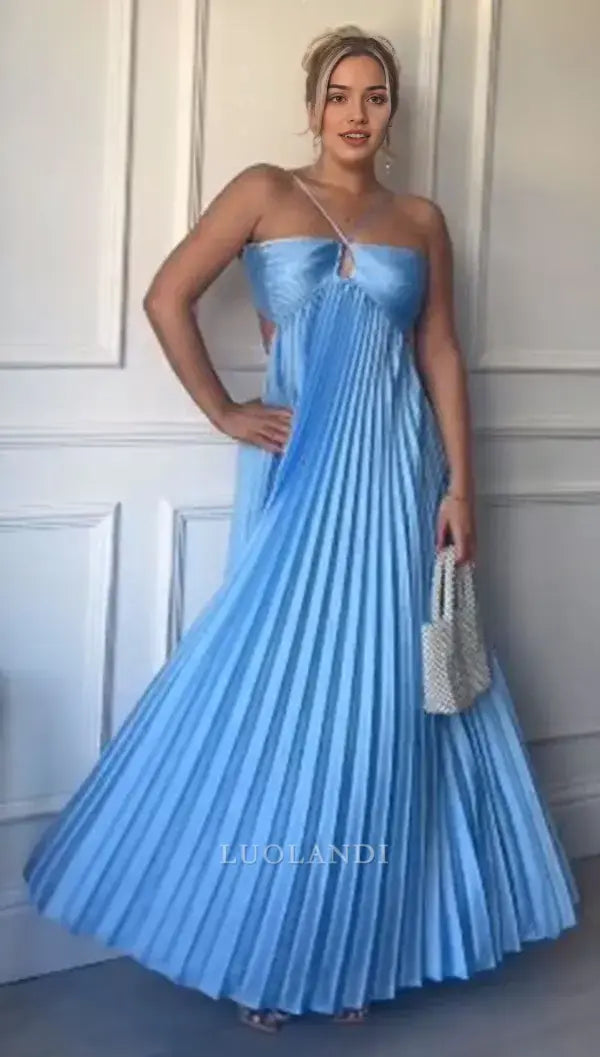 Luolandi Fashion Blue A Line Sleeveless Long Formal Prom Dress Elegant Party Evening Gown Charming Graduation Dress