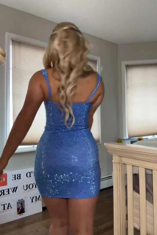 Luolandi Fashion Blue Straps Sheath Sleeveless Short / Mini Homecoming Dress Shiny Graduation Party Dress