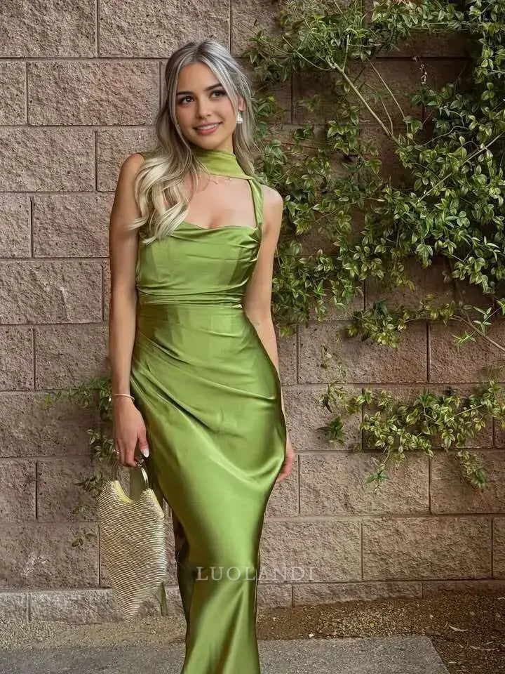 Luolandi Fashion Green Satin Mermaid Sleeveless Long Formal Prom Dress Charming Party Evening Gowns Elegant Wedding Guest Dress