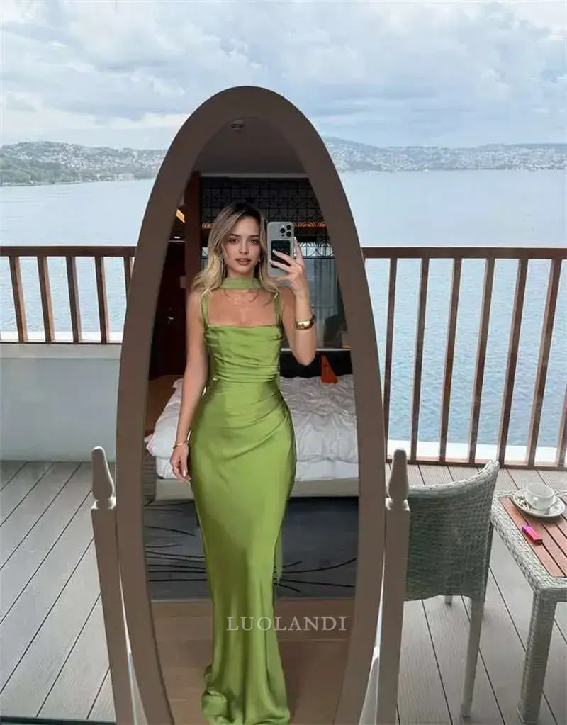 Luolandi Fashion Green Satin Mermaid Sleeveless Long Formal Prom Dress Charming Party Evening Gowns Elegant Wedding Guest Dress