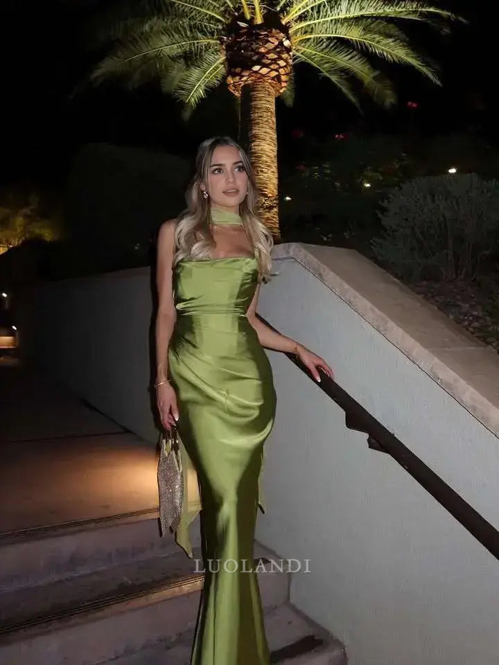 Luolandi Fashion Green Satin Mermaid Sleeveless Long Formal Prom Dress Charming Party Evening Gowns Elegant Wedding Guest Dress