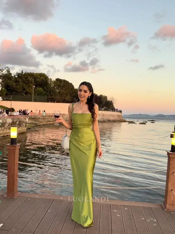 Luolandi Fashion Green Satin Mermaid Sleeveless Long Formal Prom Dress Charming Party Evening Gowns Elegant Graduation Dress